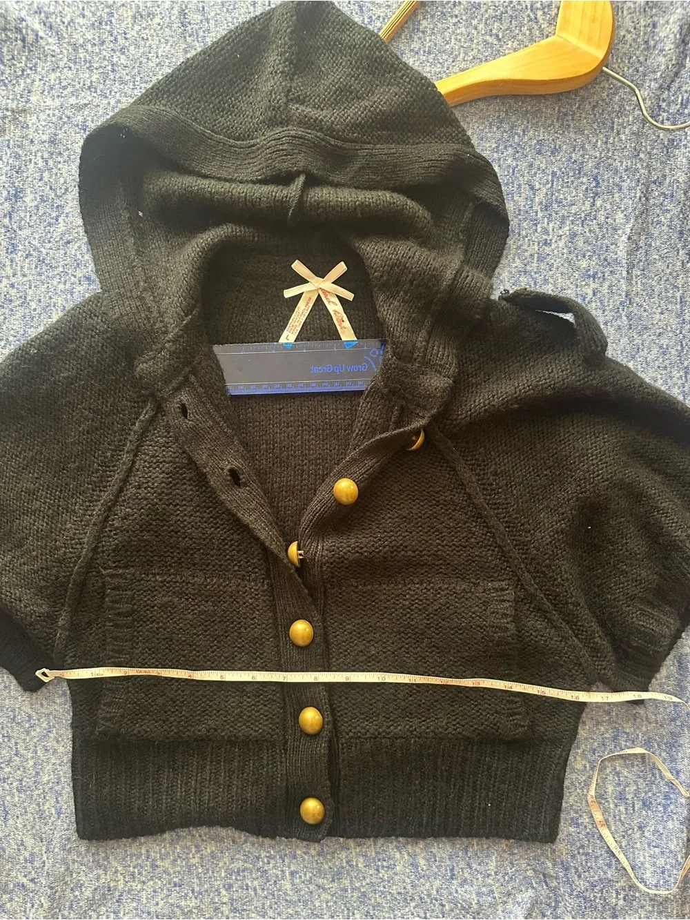 Derek Heart Black Short-Sleeve Hooded Cardigan with Gold Buttons